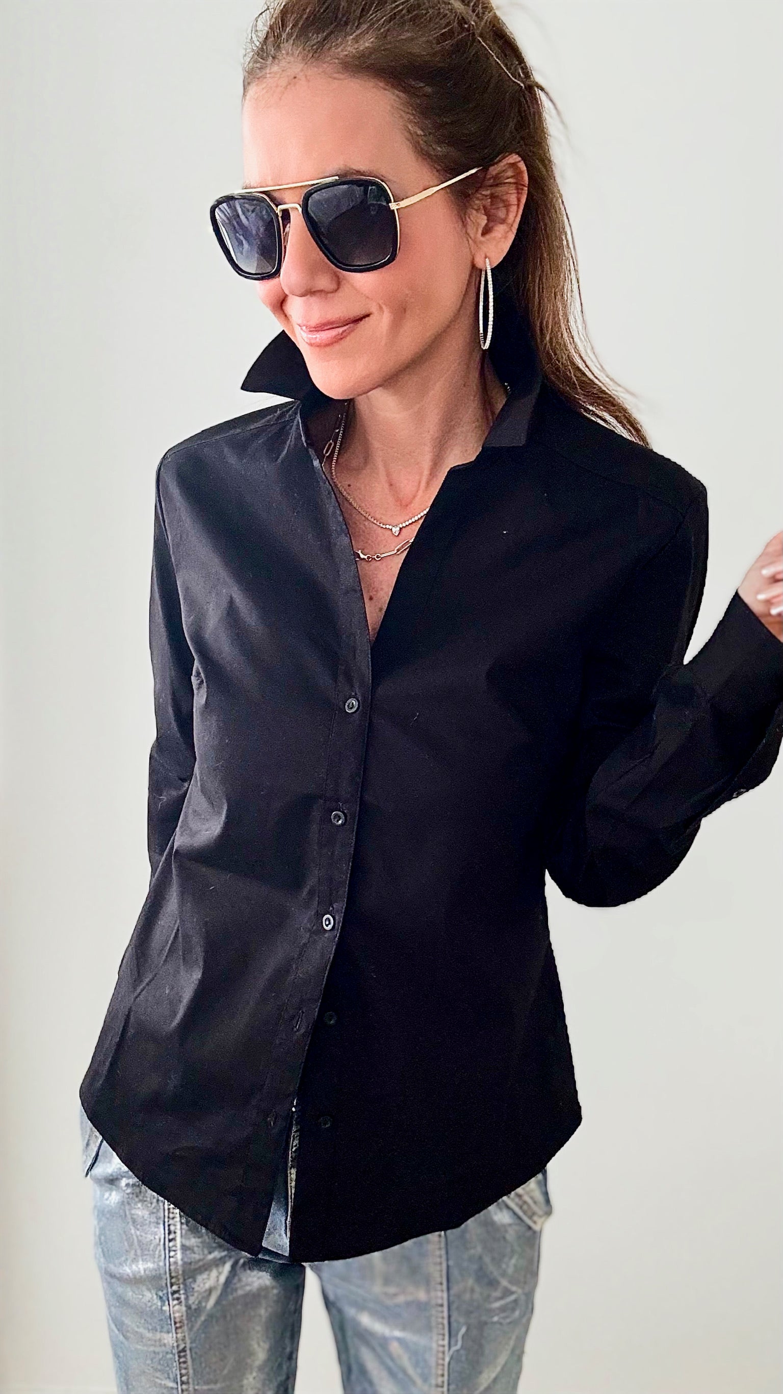 Classic Button Down Top - Black-130 Long Sleeve Tops-Love Tree Fashion-Coastal Bloom Boutique, find the trendiest versions of the popular styles and looks Located in Indialantic, FL
