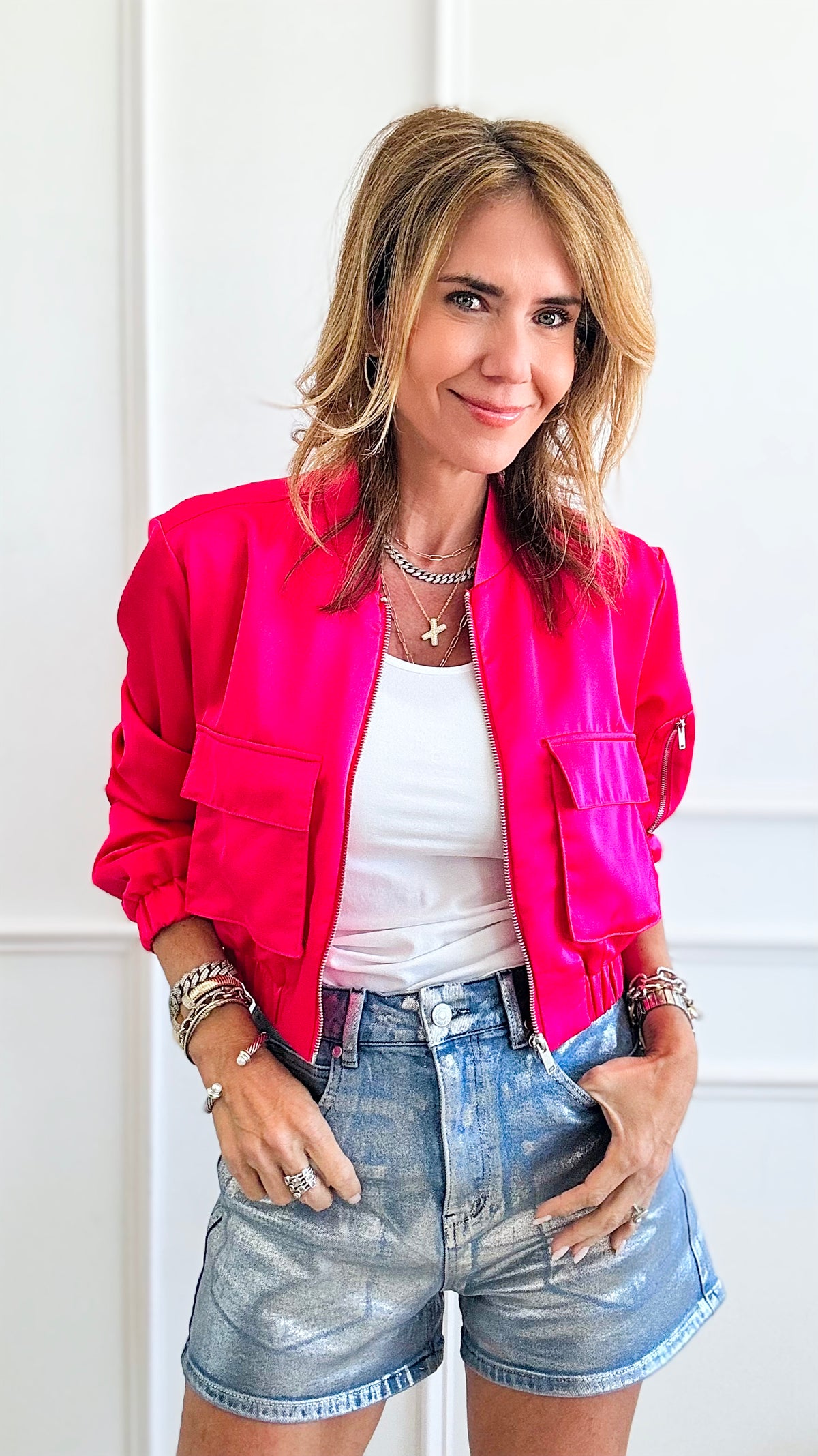 Satin Cropped Bomber Jacket - Fuchsia-160 Jackets-Love Tree Fashion-Coastal Bloom Boutique, find the trendiest versions of the popular styles and looks Located in Indialantic, FL