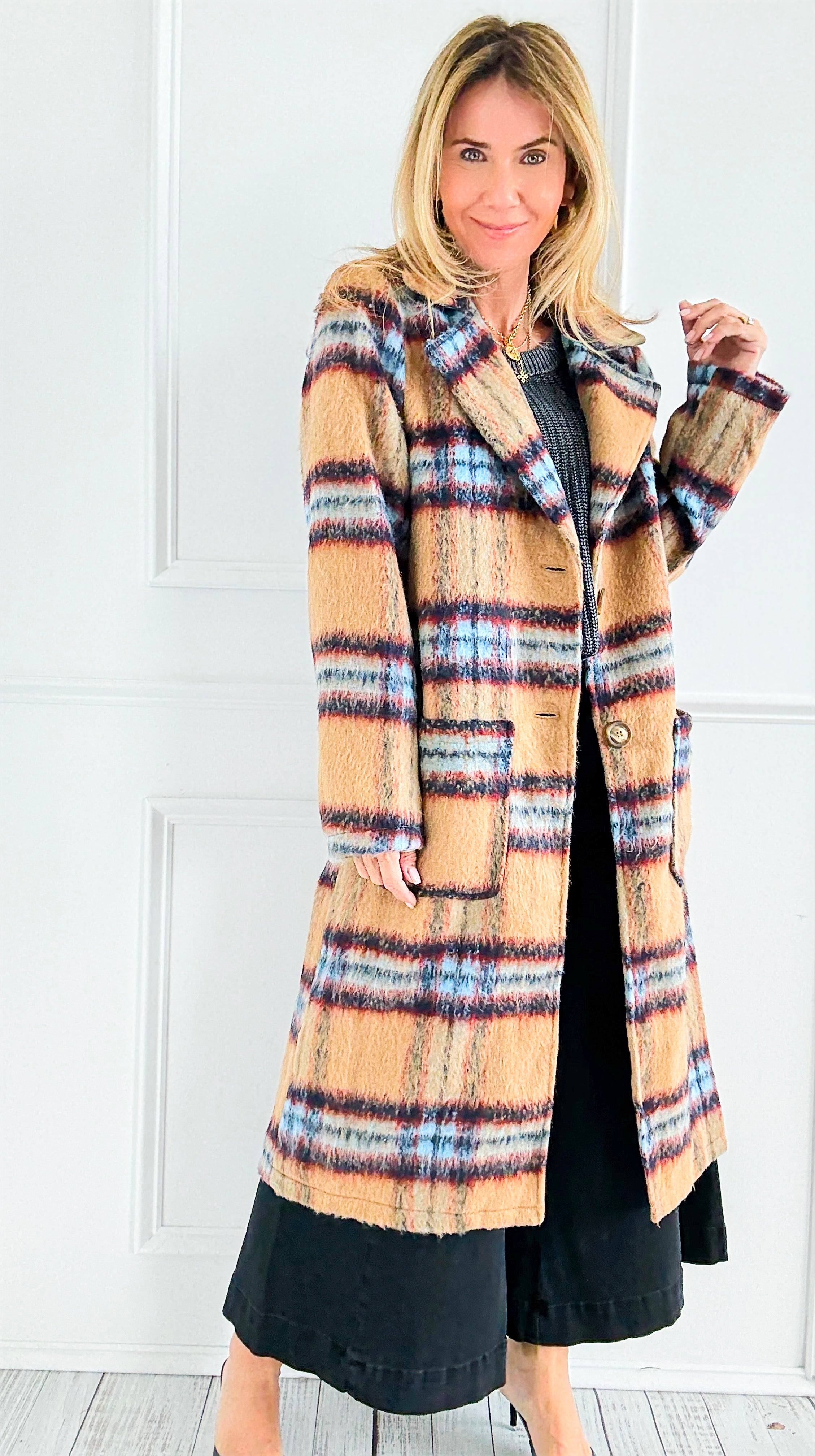 Heritage Check Long Coat-160 Jackets-mystree-Coastal Bloom Boutique, find the trendiest versions of the popular styles and looks Located in Indialantic, FL