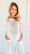Noir Petals Short Sleeve Italian St Tropez Knit- Pink-140 Sweaters-Italianissimo-Coastal Bloom Boutique, find the trendiest versions of the popular styles and looks Located in Indialantic, FL
