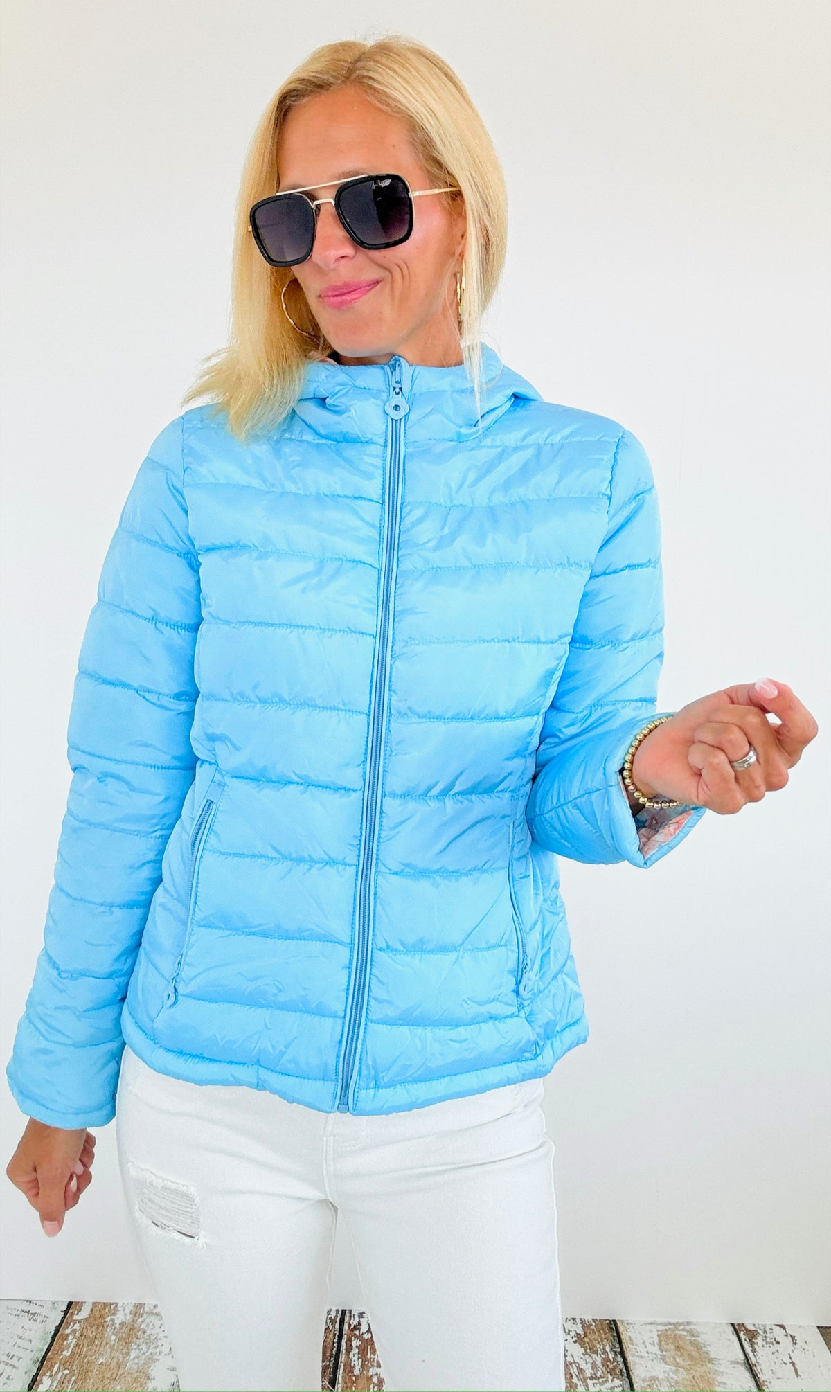 Reversible Printed Puffer Hoodie Jacket - Sky Blue-160 Jackets-Blue Age-Coastal Bloom Boutique, find the trendiest versions of the popular styles and looks Located in Indialantic, FL