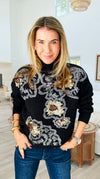 Sequin Blossom Italian Knit Sweater- Black-140 Sweaters-AZUL MONACO-Coastal Bloom Boutique, find the trendiest versions of the popular styles and looks Located in Indialantic, FL
