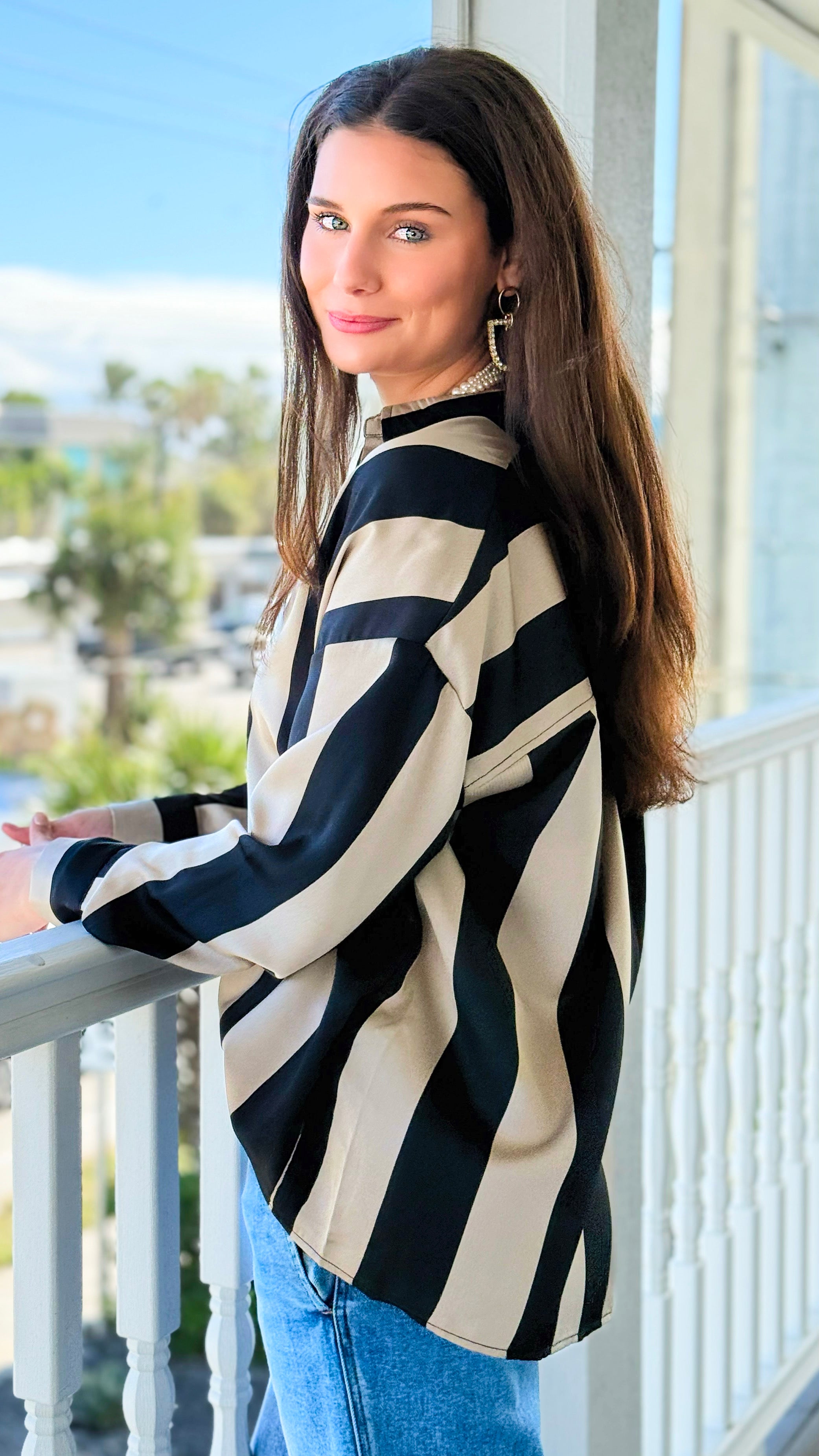 Oxford Lane Rugby Stripe Blouse-110 Long Sleeve Tops-DOE AND RAE-Coastal Bloom Boutique, find the trendiest versions of the popular styles and looks Located in Indialantic, FL
