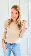 The Charlie Crew Neck Top - Beige-130 Long Sleeve Tops-EC COLLECTION INC-Coastal Bloom Boutique, find the trendiest versions of the popular styles and looks Located in Indialantic, FL