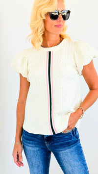 Textured Front Stripped Top - Ivory-110 Short Sleeve Tops-VOY-Coastal Bloom Boutique, find the trendiest versions of the popular styles and looks Located in Indialantic, FL