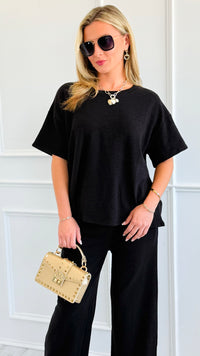 Relax Mode Two-Piece Slub Knit Set - Black-210 Loungewear/Sets-Zenana-Coastal Bloom Boutique, find the trendiest versions of the popular styles and looks Located in Indialantic, FL