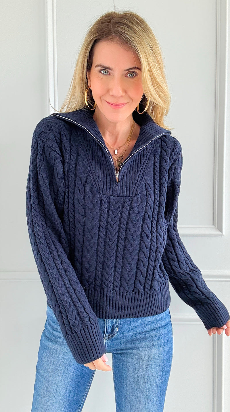 Knit Zipper Sweater - Navy-140 Sweaters-English Factory-Coastal Bloom Boutique, find the trendiest versions of the popular styles and looks Located in Indialantic, FL
