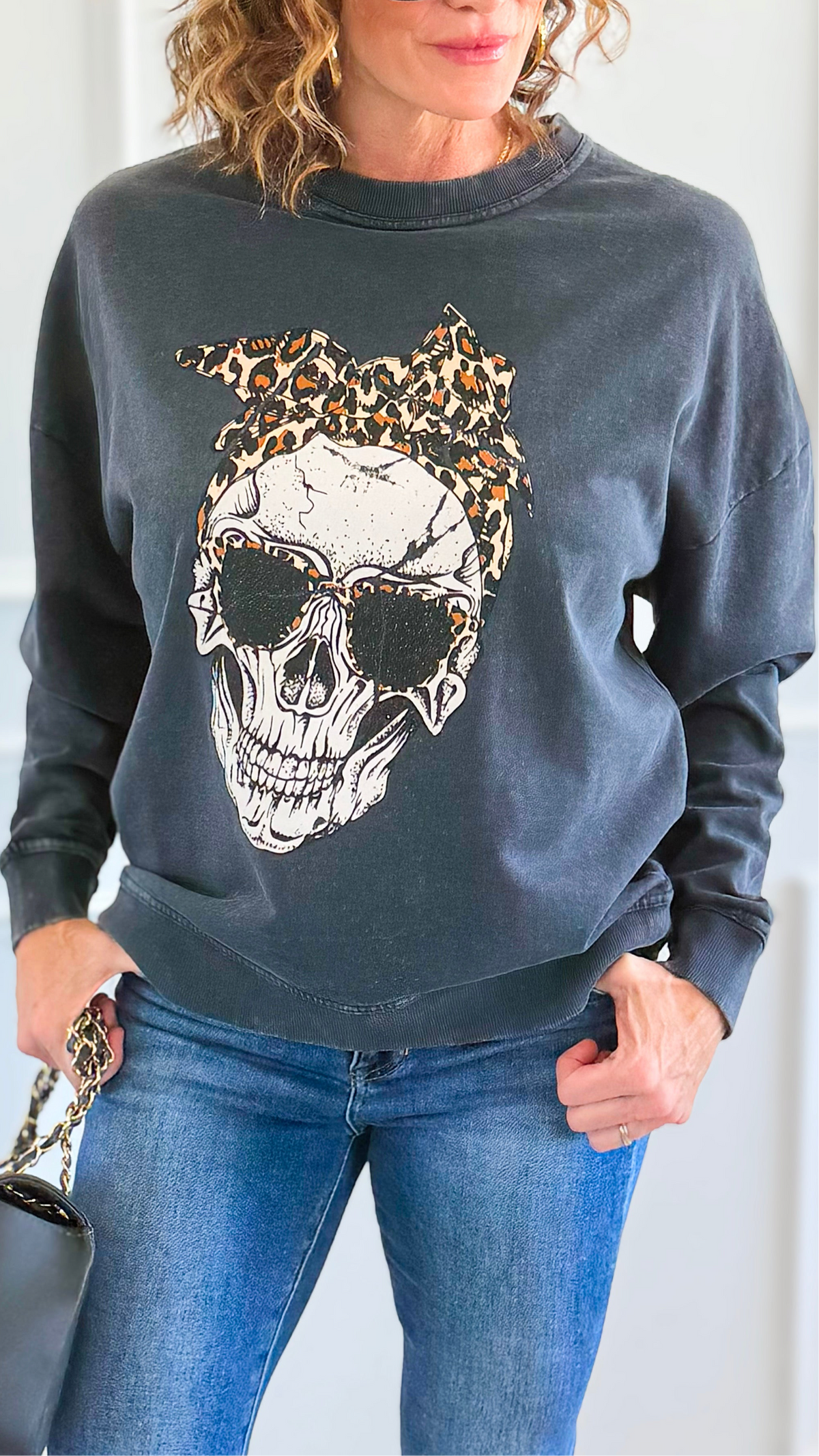 Wild Rebel Skull Italian Sweatshirt-110 Long Sleeve Tops-FIRSTAGE-Coastal Bloom Boutique, find the trendiest versions of the popular styles and looks Located in Indialantic, FL