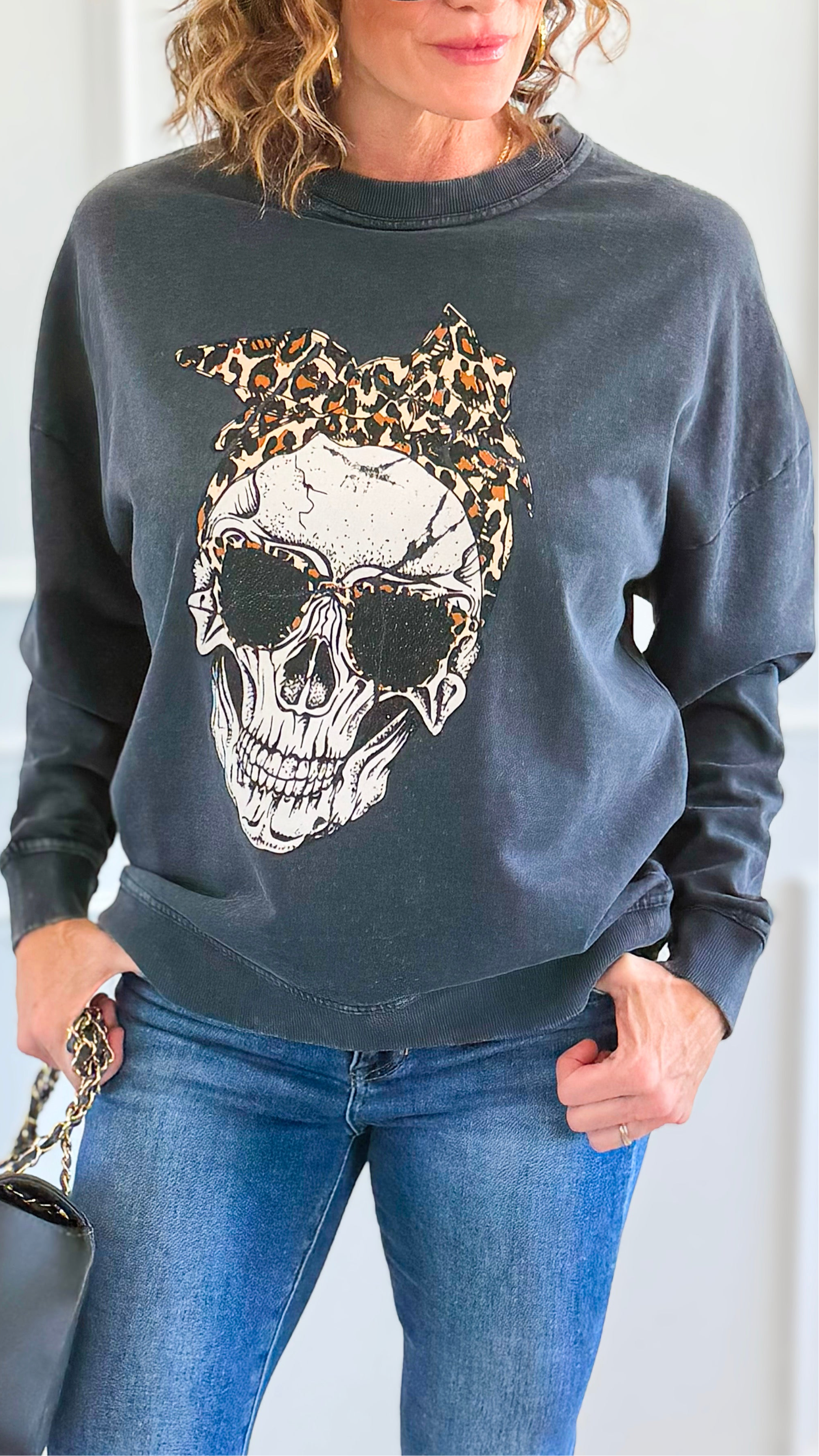 Wild Rebel Skull Italian Sweatshirt-110 Long Sleeve Tops-FIRSTAGE-Coastal Bloom Boutique, find the trendiest versions of the popular styles and looks Located in Indialantic, FL
