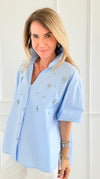 Starlight Scatter Italian Button Top- Sky Blue-170 bottoms-TATTOO Z-Coastal Bloom Boutique, find the trendiest versions of the popular styles and looks Located in Indialantic, FL