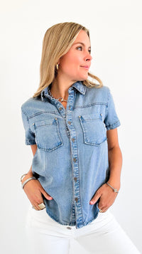 Short Sleeve Denim Pocket Top-110 Short Sleeve Tops-Blu Pepper-Coastal Bloom Boutique, find the trendiest versions of the popular styles and looks Located in Indialantic, FL
