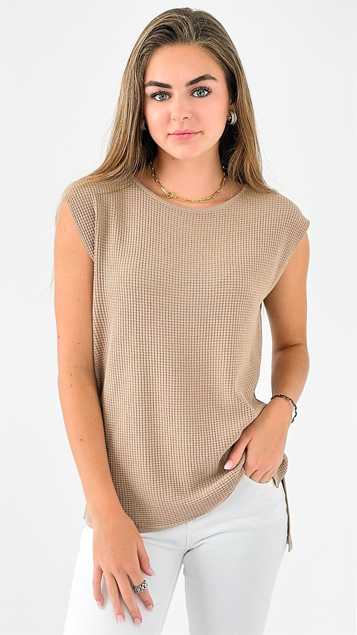 Hampton Waffle Sleeveless Top - Khaki-00 Sleevless Tops-original usa-Coastal Bloom Boutique, find the trendiest versions of the popular styles and looks Located in Indialantic, FL