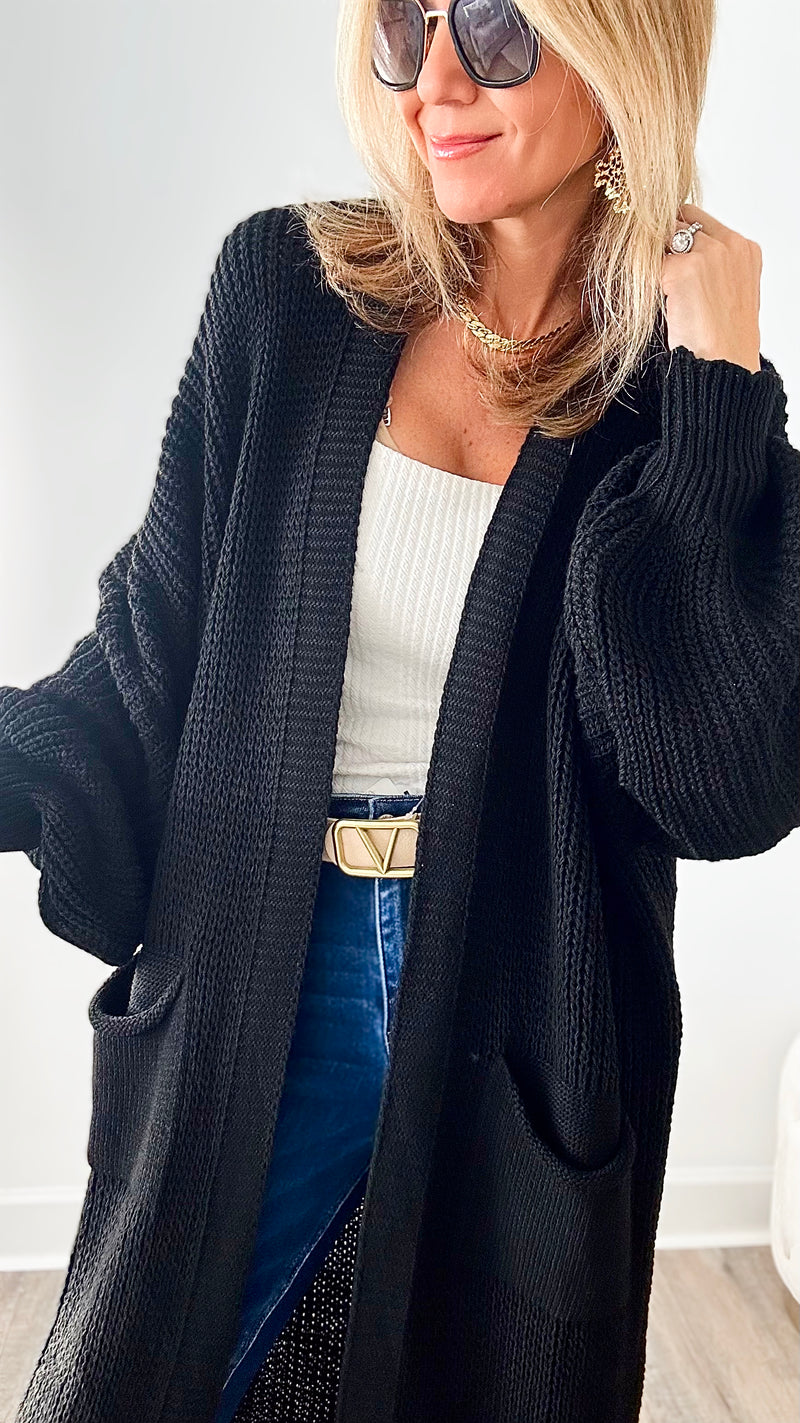 Sugar High Long Italian Cardigan-Black-150 Cardigans/Layers-Italianissimo-Coastal Bloom Boutique, find the trendiest versions of the popular styles and looks Located in Indialantic, FL