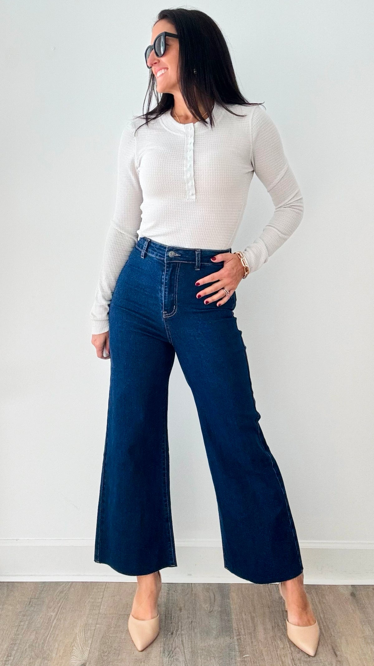 Stretch Wide Leg High Rise Cropped Denim Jean - Dark Denim-170 Bottoms-Anniewear-Coastal Bloom Boutique, find the trendiest versions of the popular styles and looks Located in Indialantic, FL