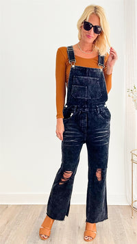 Distressed Vintage Wash Overalls - Black Charcoal-170 Bottoms-BIBI-Coastal Bloom Boutique, find the trendiest versions of the popular styles and looks Located in Indialantic, FL