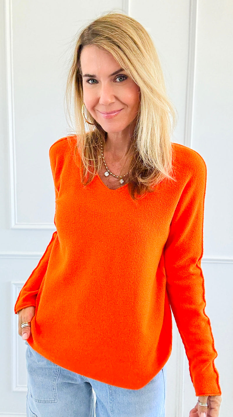 Soho Italian V-Neck Pullover - Orange-140 Sweaters-Italianissimo/ Max & D-Coastal Bloom Boutique, find the trendiest versions of the popular styles and looks Located in Indialantic, FL