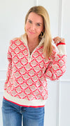 Tri-Bloom Zip Mock Sweater-Cream/Orange-140 Sweaters-&MERCI-Coastal Bloom Boutique, find the trendiest versions of the popular styles and looks Located in Indialantic, FL