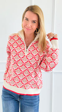 Tri-Bloom Zip Mock Sweater-Cream/Orange-140 Sweaters-&MERCI-Coastal Bloom Boutique, find the trendiest versions of the popular styles and looks Located in Indialantic, FL
