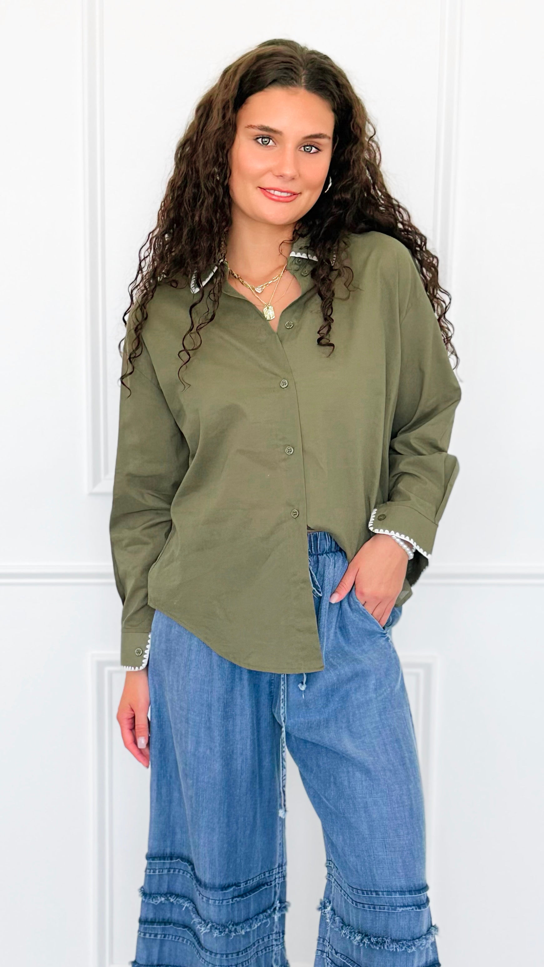 Delicate Edge Embroidered Blouse- Olive-170 Bottoms-V SKY-Coastal Bloom Boutique, find the trendiest versions of the popular styles and looks Located in Indialantic, FL
