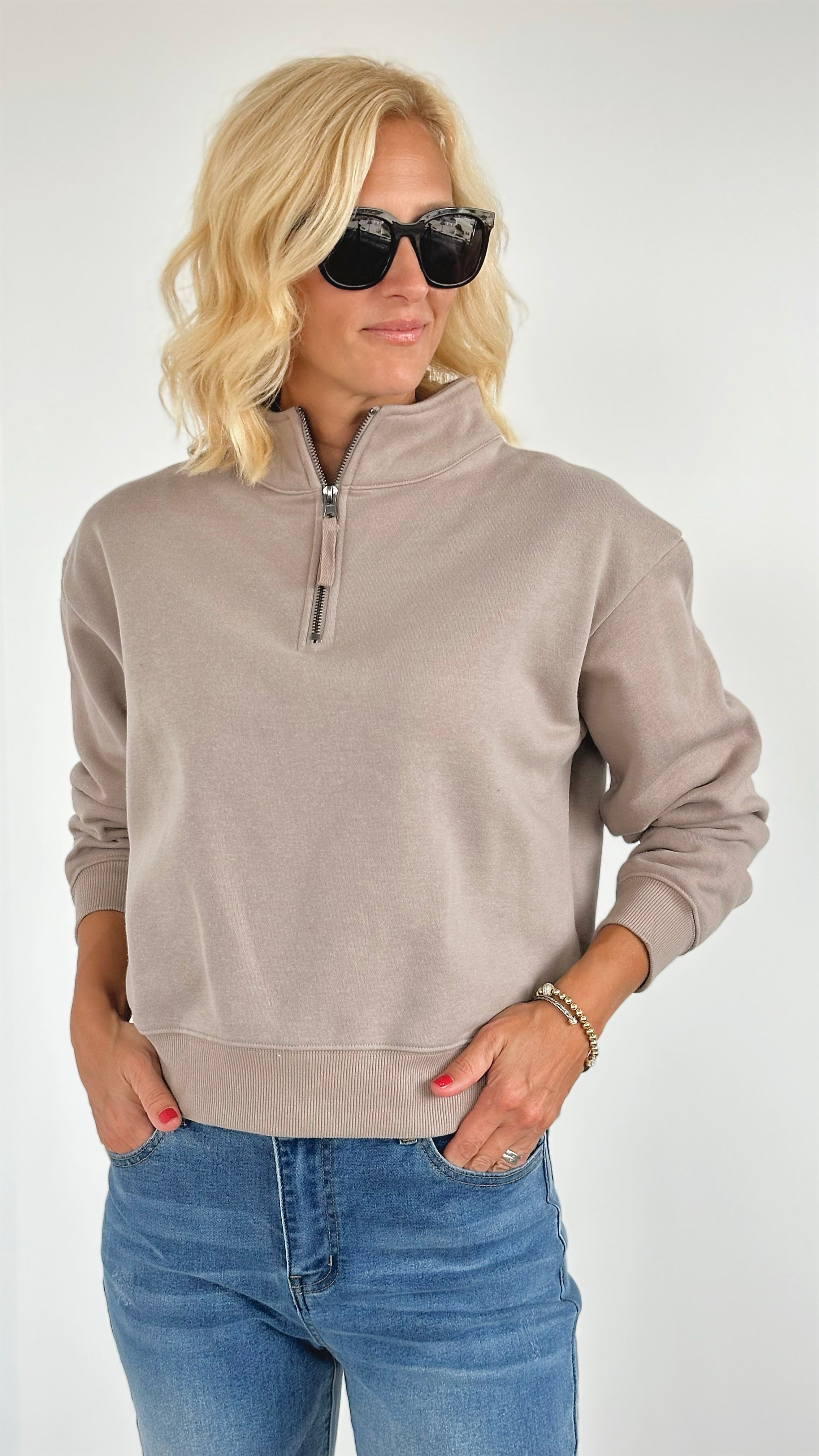 French Terry Half-Zip Pullover -Ash Mocha-130 Long Sleeve Tops-Zenana-Coastal Bloom Boutique, find the trendiest versions of the popular styles and looks Located in Indialantic, FL