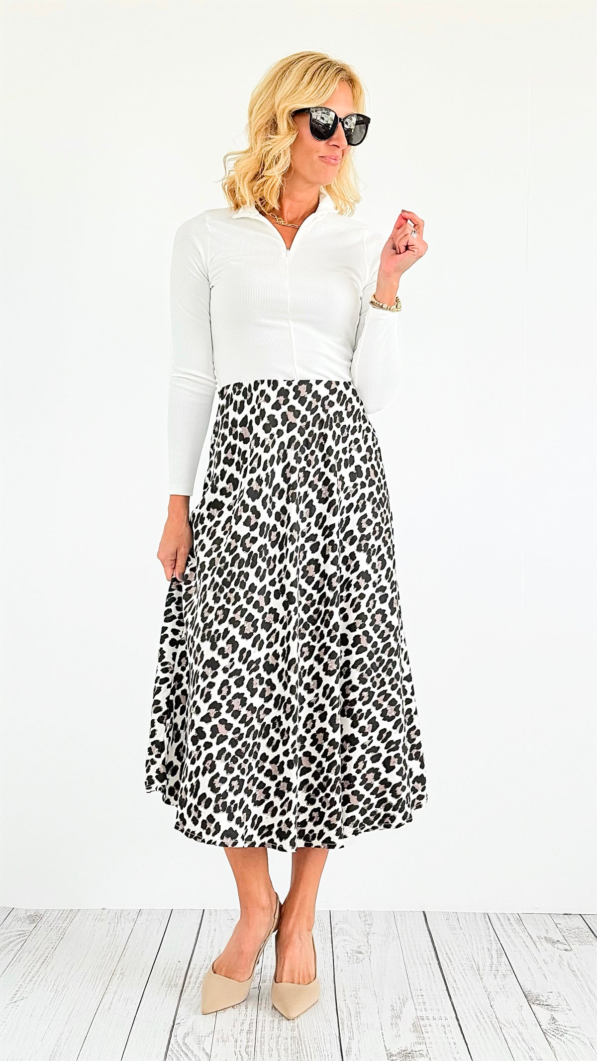 Spotted Italian Midi Skirt- Black-170 Bottoms-Italianissimo-Coastal Bloom Boutique, find the trendiest versions of the popular styles and looks Located in Indialantic, FL