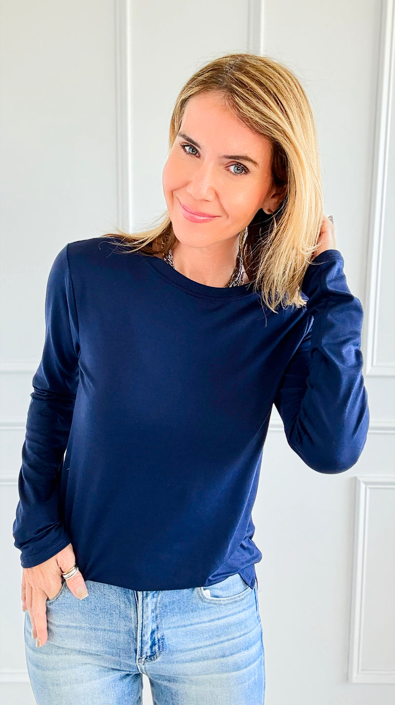 The Charlie Crew Neck Top - Navy-130 Long Sleeve Tops-EC COLLECTION INC-Coastal Bloom Boutique, find the trendiest versions of the popular styles and looks Located in Indialantic, FL