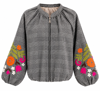 Embroidered Bloom Plaid Bomber Italian Zip Jacket