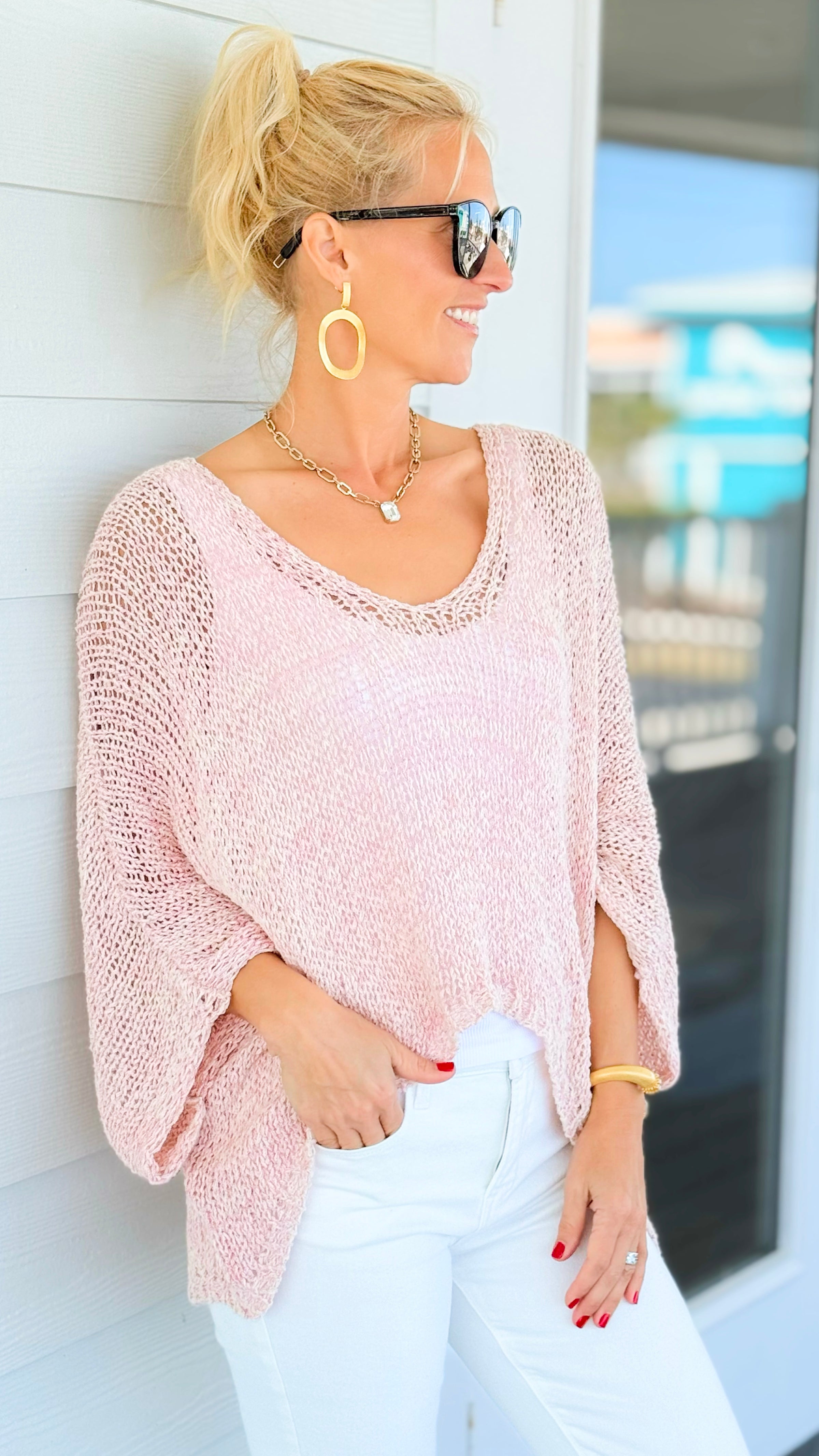 Refined Italian Crochet Top- Pink/White