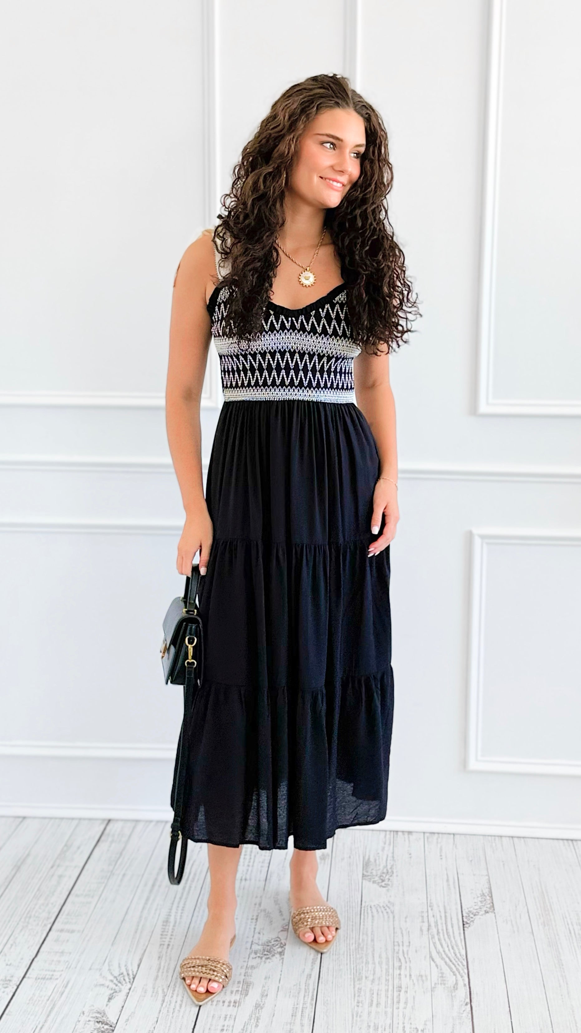 Contrast Smocked Tiered Midi Dress