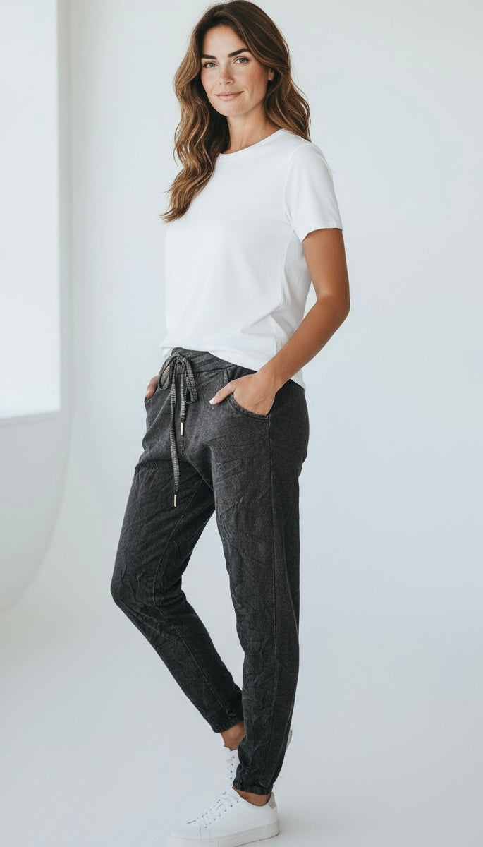 Love Endures Italian Jogger - Denim Washed Black-180 Joggers-SUNNY HOLIDAYS-Coastal Bloom Boutique, find the trendiest versions of the popular styles and looks Located in Indialantic, FL