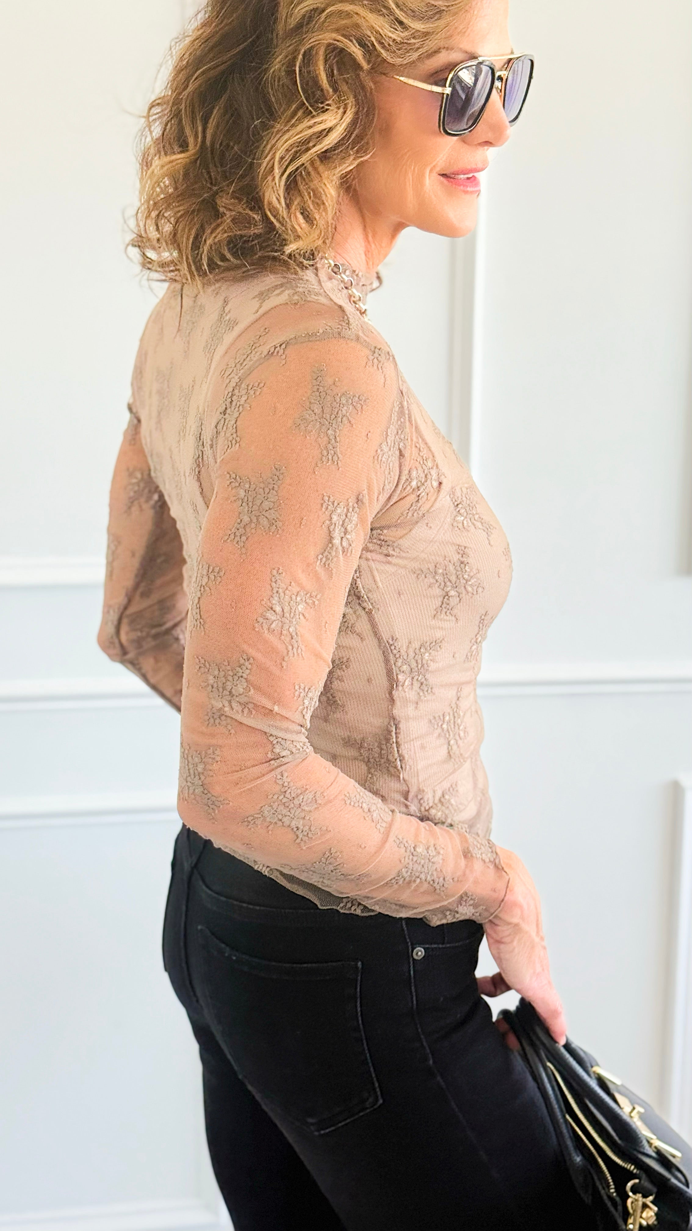 Lace Sheer Layering Top - Cocoa-130 Long Sleeve Tops-Zenana-Coastal Bloom Boutique, find the trendiest versions of the popular styles and looks Located in Indialantic, FL