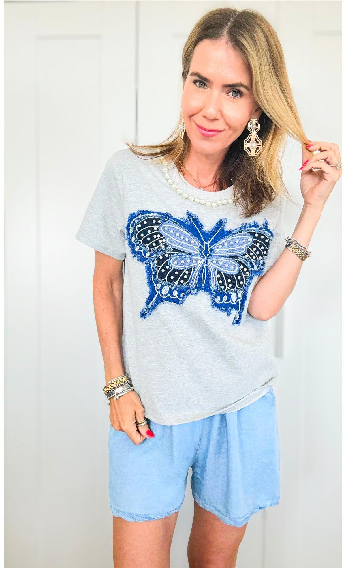 Pearled Neckline Butterfly Applique T-Shirt - Grey