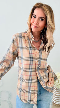 Plaid Relaxed Shirt-Beige-130 Long Sleeve Tops-Chasing Bandits-Coastal Bloom Boutique, find the trendiest versions of the popular styles and looks Located in Indialantic, FL