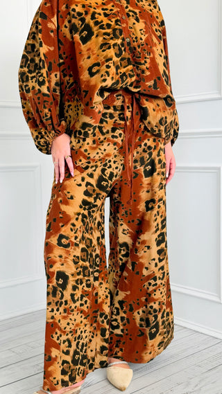 Spiced Leopard Wide Leg Italian Pant- Rust