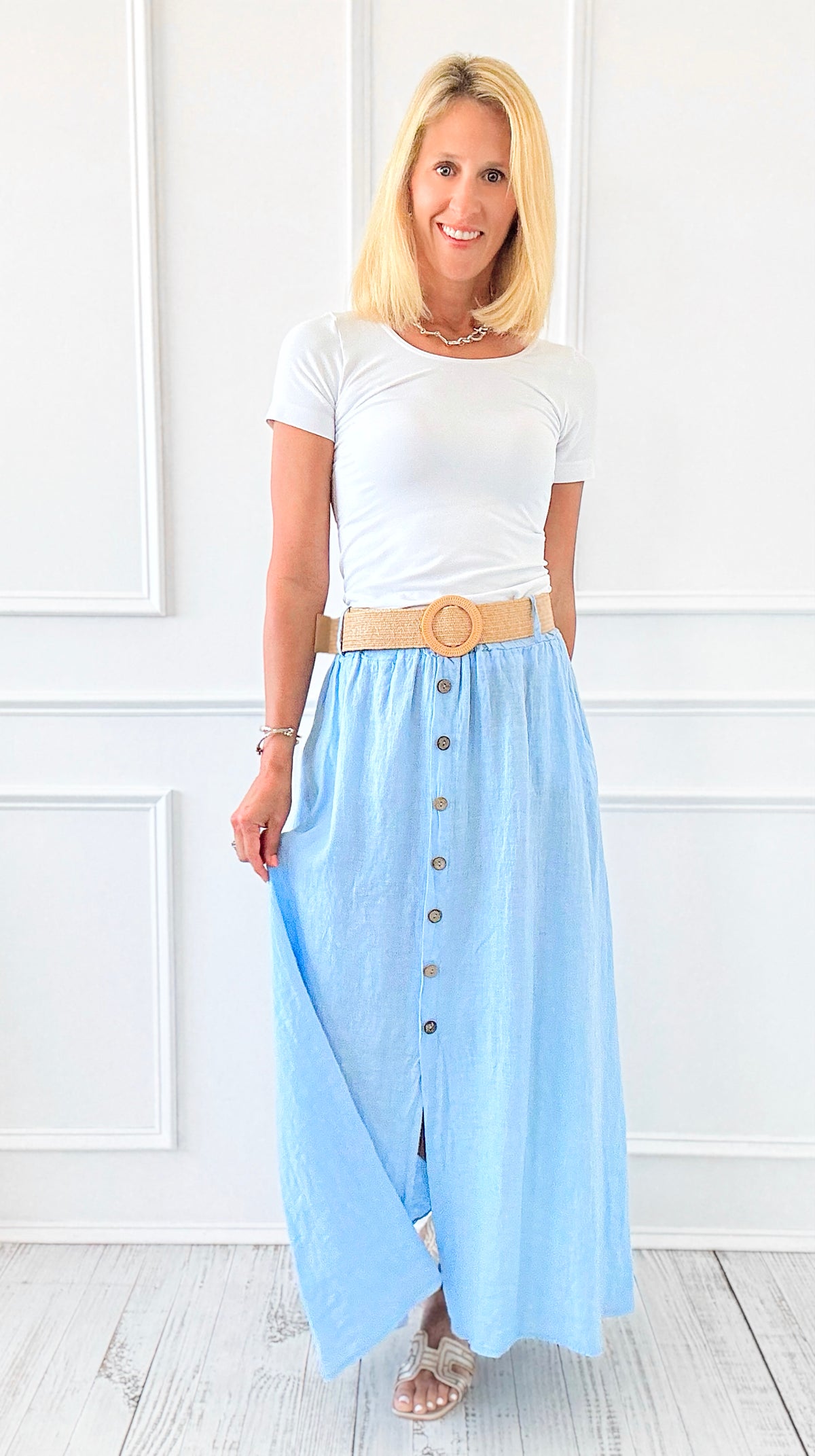 Belted Italian Linen Midi Button Skirt - Sky Blue-170 bottoms-Italianissimo-Coastal Bloom Boutique, find the trendiest versions of the popular styles and looks Located in Indialantic, FL