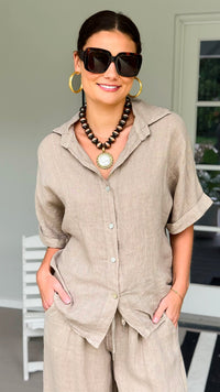 The Marlow Linen Italian Button Top- Taupe