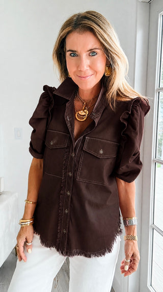 Linen Ruffle Button-Up Shirt - Espresso