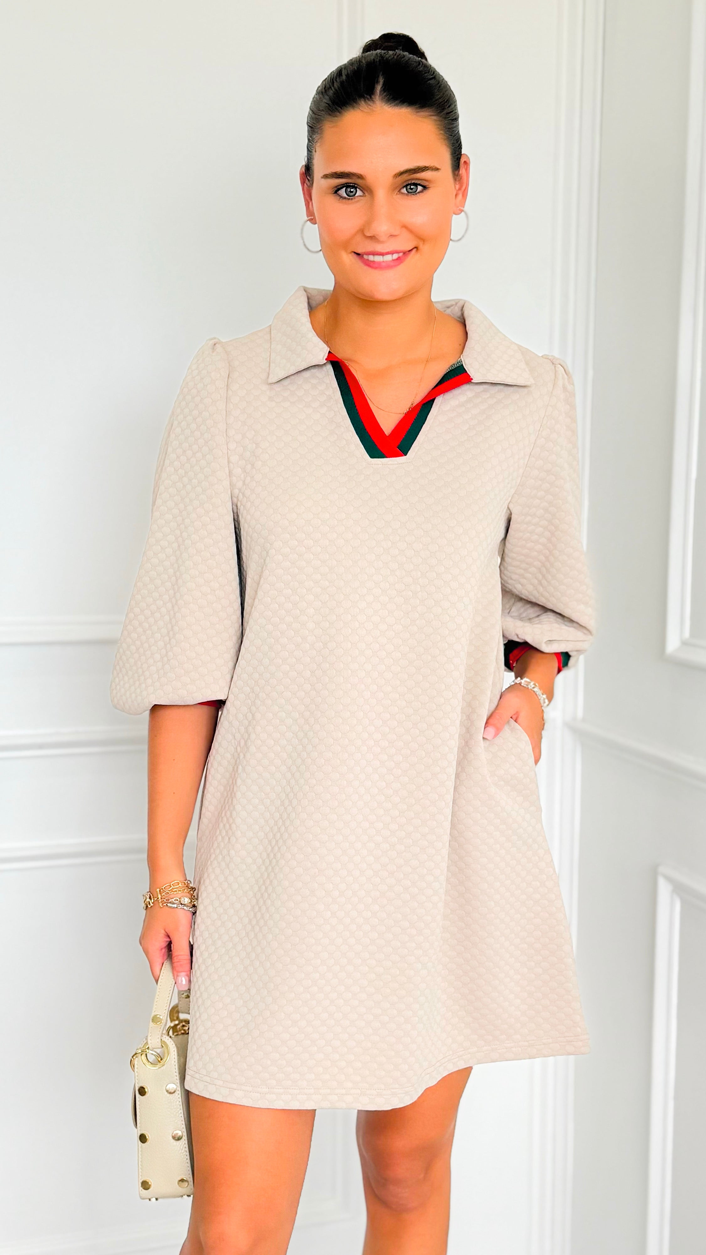 Prep School Puff Sleeve Dress - Beige-200 Dresses/Jumpsuits/Rompers-JODIFL-Coastal Bloom Boutique, find the trendiest versions of the popular styles and looks Located in Indialantic, FL