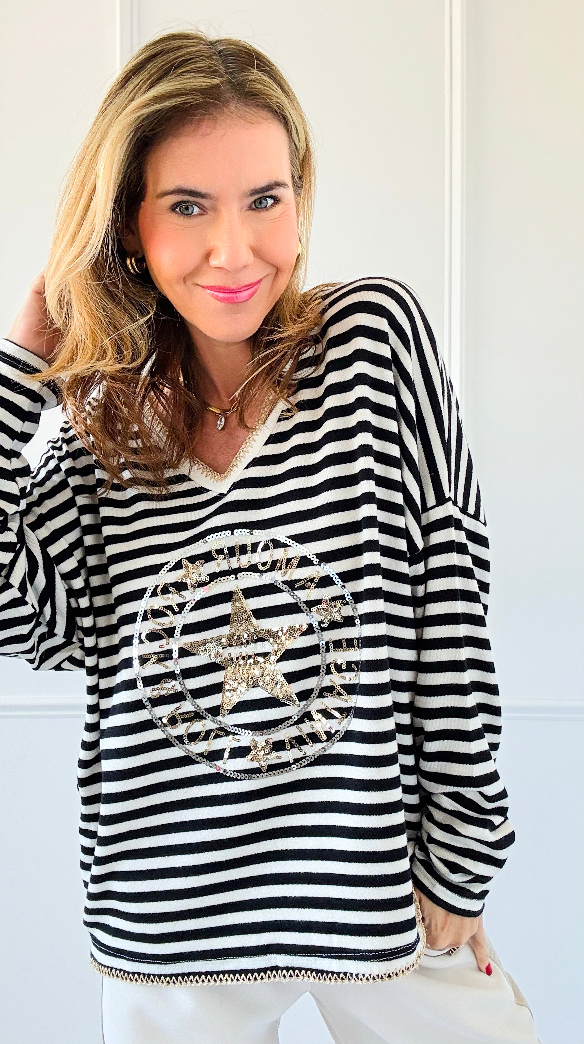 Parisian Stripe V-Neck Top-110 Long Sleeve Tops-VENTI6 OUTLET-Coastal Bloom Boutique, find the trendiest versions of the popular styles and looks Located in Indialantic, FL