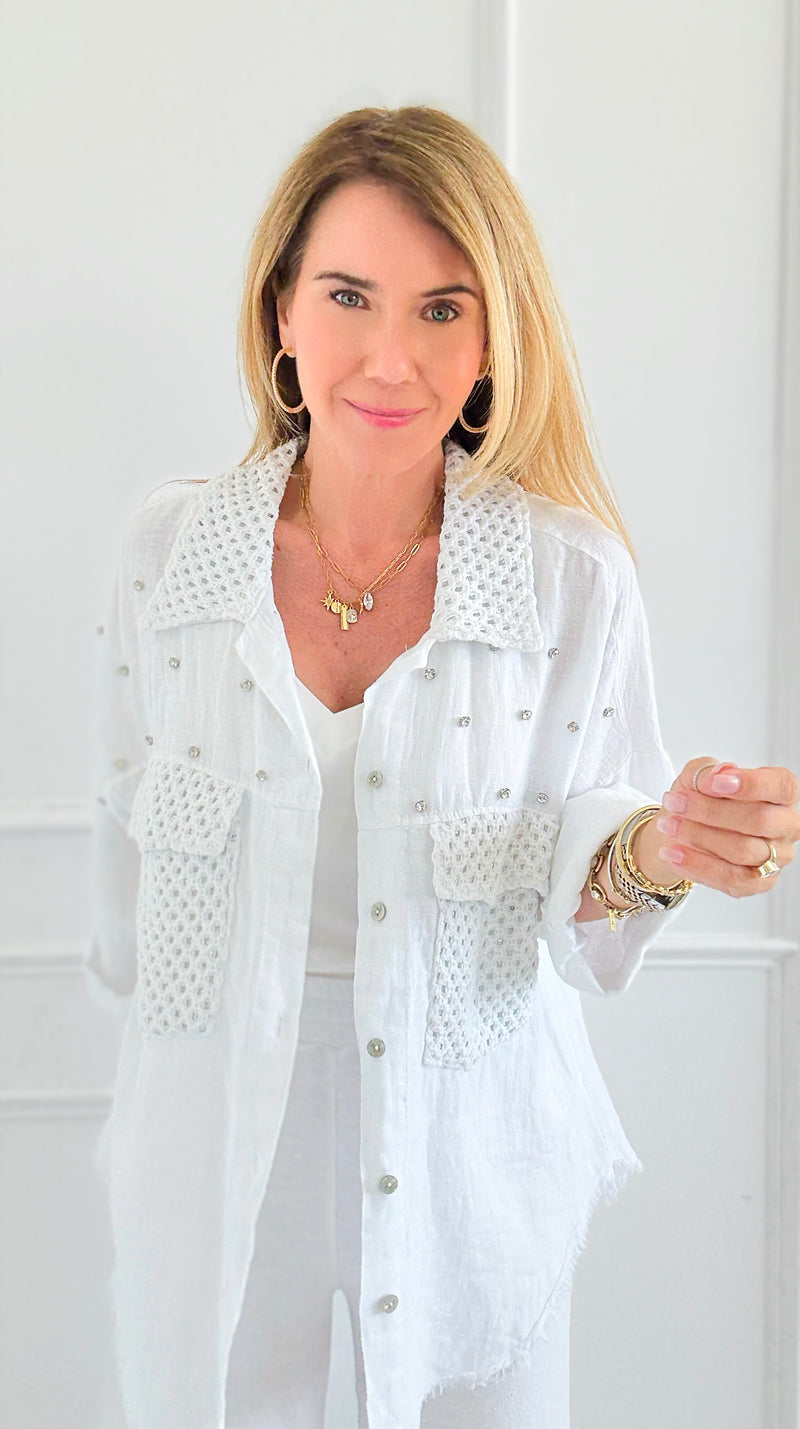 Sparkle Mesh Pocket Italian Button Top- White-170 Bottoms-SEÑORITA C-Coastal Bloom Boutique, find the trendiest versions of the popular styles and looks Located in Indialantic, FL