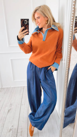 Collared Mixed Media Sweater - Mocha