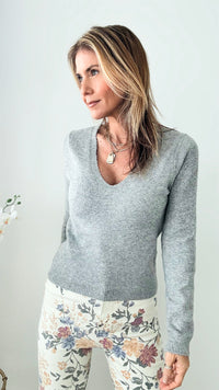Almost Cashemere V-Neck Sweater Top - Grey-130 Long Sleeve Tops-ShopIrisBasic-Coastal Bloom Boutique, find the trendiest versions of the popular styles and looks Located in Indialantic, FL