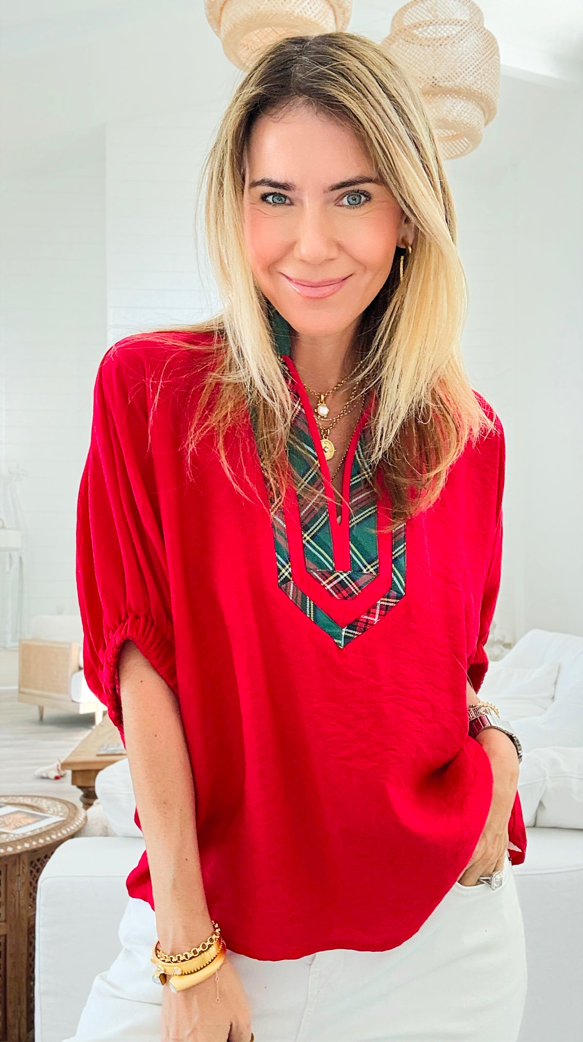 Bold Plaid Trim Blouse - Red-110 Short Sleeve Tops-entro-Coastal Bloom Boutique, find the trendiest versions of the popular styles and looks Located in Indialantic, FL