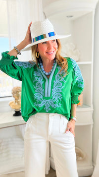 Embroidered Escape V-Neck Top - Green