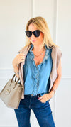 Double Ruffle Sleeveless Denim Blouse - Denim Blue-100 Sleeveless Tops-NoaBoa-Coastal Bloom Boutique, find the trendiest versions of the popular styles and looks Located in Indialantic, FL