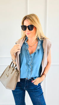 Double Ruffle Sleeveless Denim Blouse - Denim Blue-100 Sleeveless Tops-NoaBoa-Coastal Bloom Boutique, find the trendiest versions of the popular styles and looks Located in Indialantic, FL