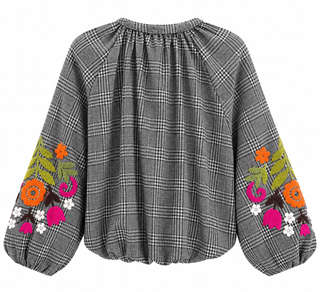 Embroidered Bloom Plaid Bomber Italian Zip Jacket