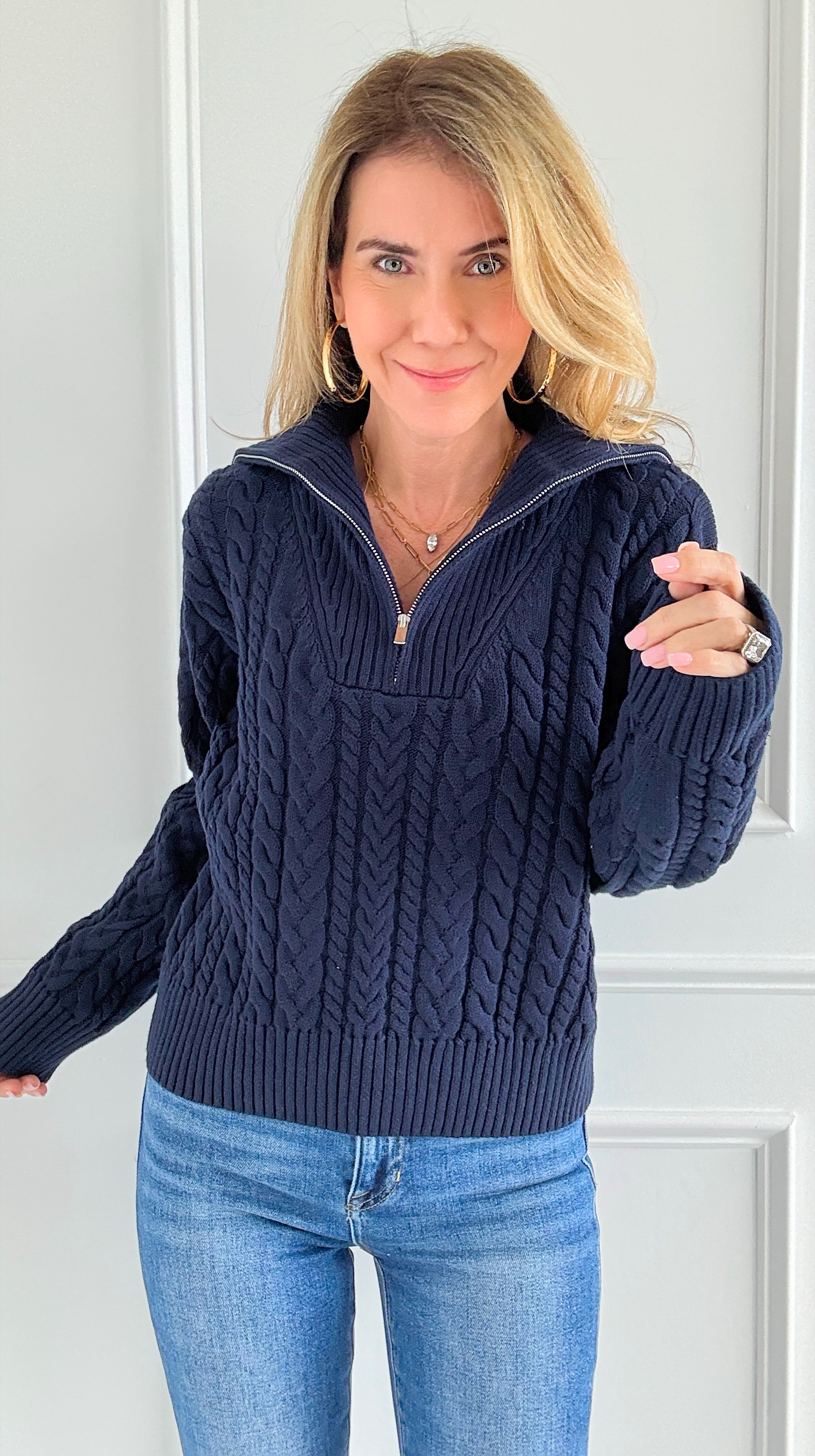 Knit Zipper Sweater - Navy-140 Sweaters-English Factory-Coastal Bloom Boutique, find the trendiest versions of the popular styles and looks Located in Indialantic, FL