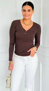 Button Me Up Ribbed Top - Brown-130 Long Sleeve Tops-YELETE-Coastal Bloom Boutique, find the trendiest versions of the popular styles and looks Located in Indialantic, FL