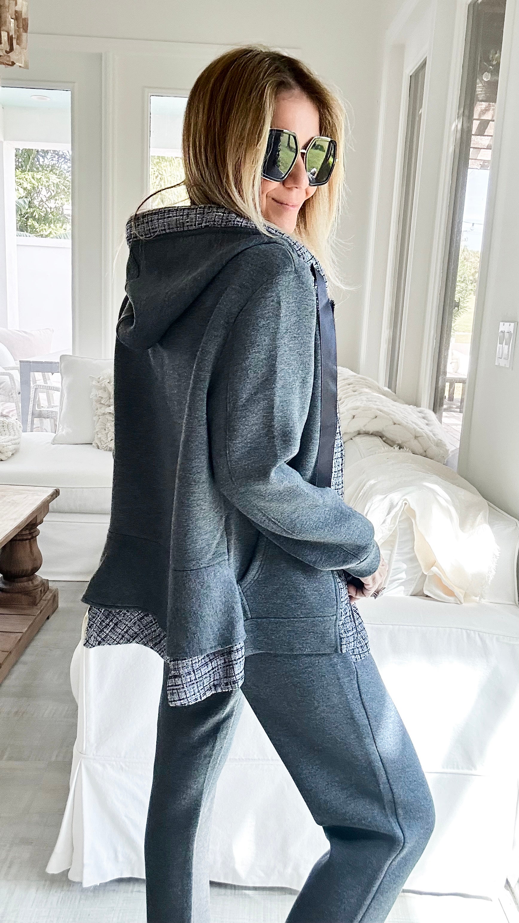 Faiza French Scuba Jacket with Tweed - Charcoal-160 Jackets-Joh Apparel-Coastal Bloom Boutique, find the trendiest versions of the popular styles and looks Located in Indialantic, FL